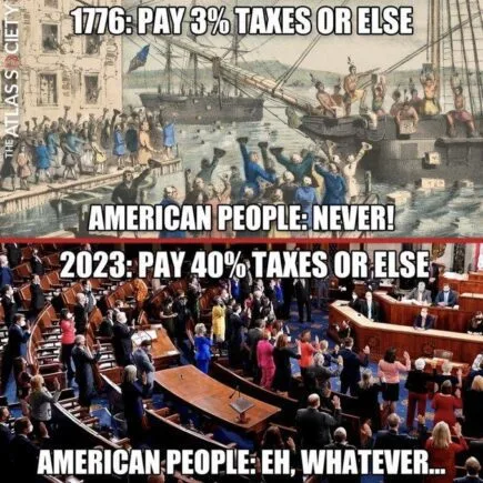 A picture portraying our contentment to high taxation and broken money