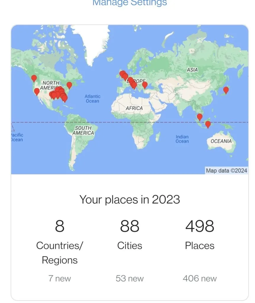 Screenshot of travels from 2023